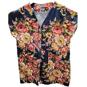 JANA‎ JIRA Denim Blue Roses Housecoat MuMu Nightgown Lounger Snaps Pockets XL